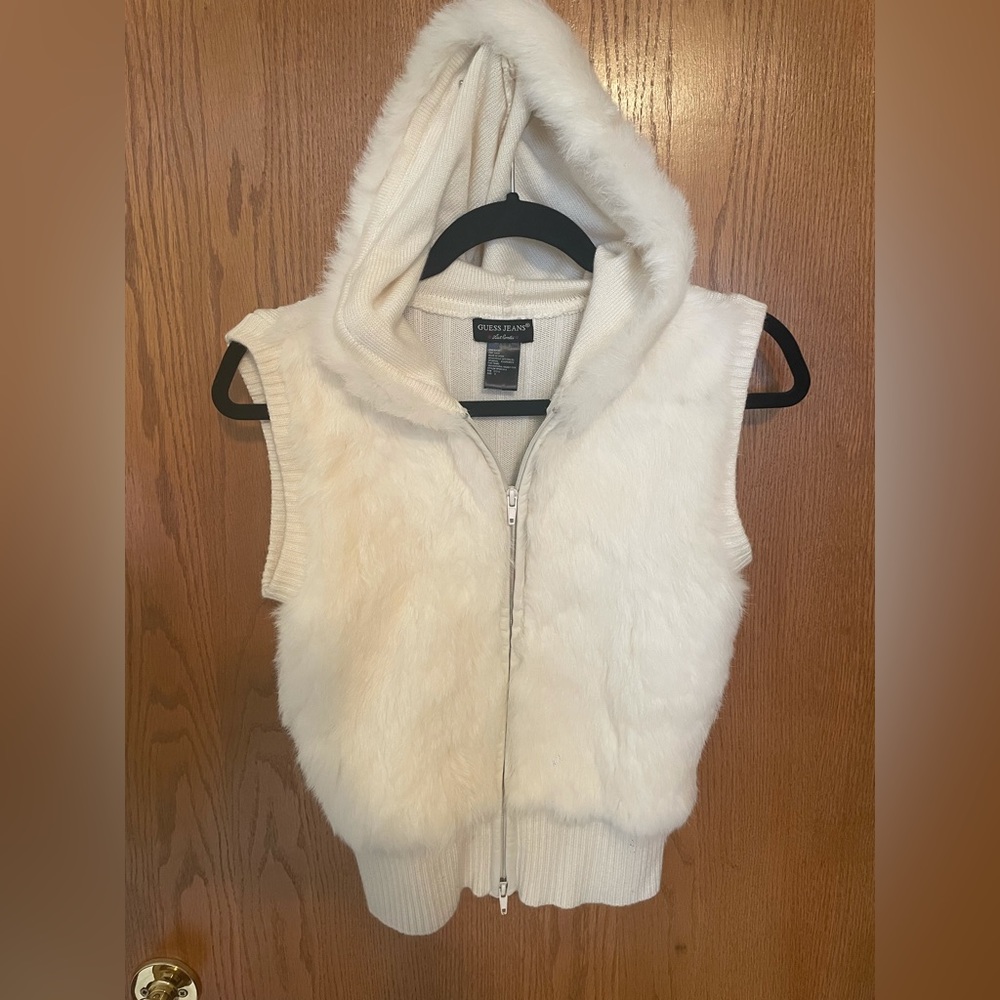 White Guess rabbit fur zip up vest.